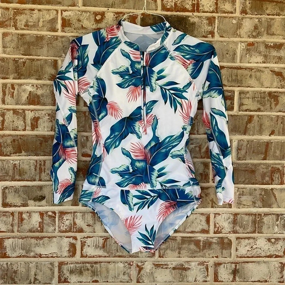 Unbranded Hawaiian Floral One Piece Long Sleeved Rash Guard Swim Suit - Picture 1 of 9